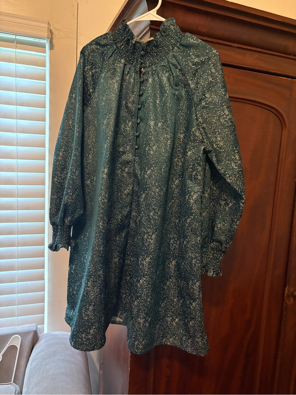 FRNCH Paris Teal Metallic Patterned Smocked Neck Blouse